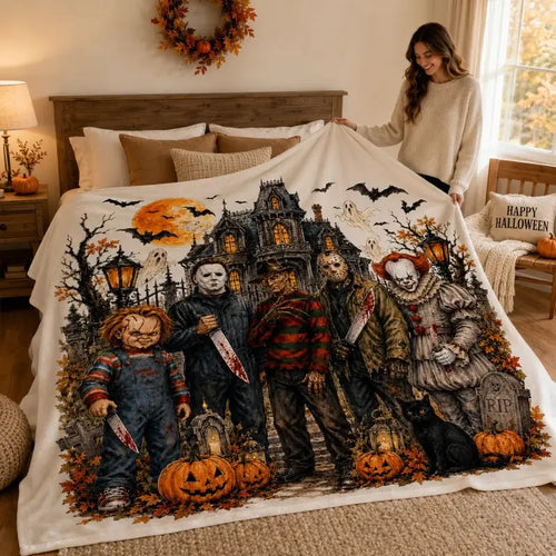 Horror Movie Night Throw Blanket, Halloween Haunted House Flannel Fleece Blanket, Chucky Michael Myers Freddy Krueger Jason Voorhees Pennywise Horror Character Graphic Cozy Blanket for Adults & Kids, Spooky Home Decor Gift for Fans