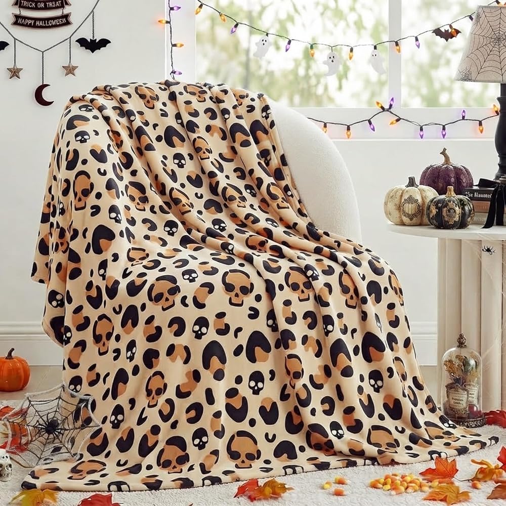 Halloween Throw Blanket Leopard Skull Flannel Blanket